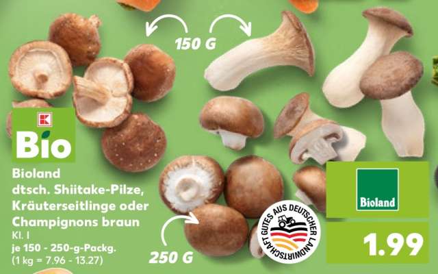 Bioland dtsch. Shiitake-Pilze, Kräuterseitlinge oder Champignons, braun