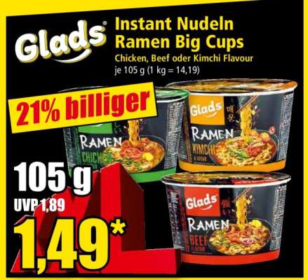 Glads Instant Nudeln Ramen Big Cups