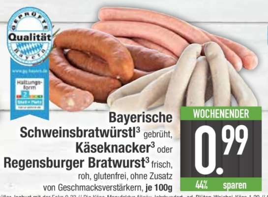 Bayerische Schweinsbratwürstl, Käseknacker oder Regensburger Bratwurst