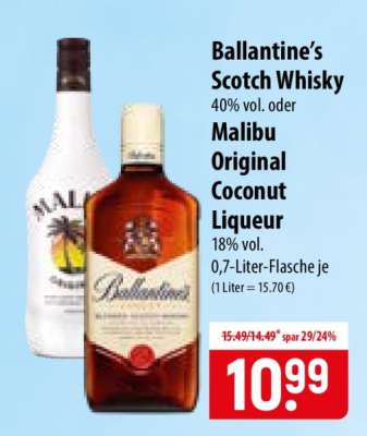 Ballantine’s Scotch Whisky oder Malibu Original Coconut Liqueur