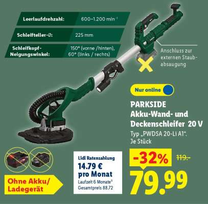 Parkside Akku-Wand- und Deckenschleifer 20 V