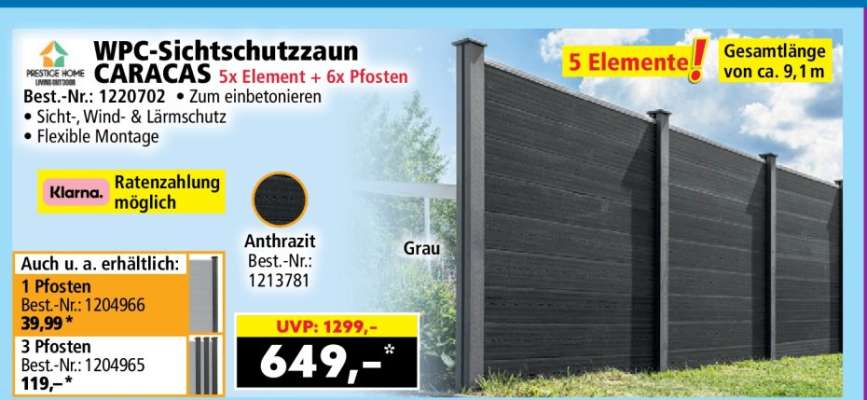 WPC-Sichtschutzzaun CARACAS 5x Element + 6x Pfosten