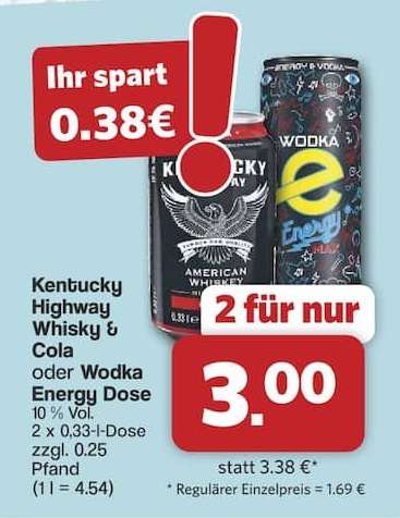 Kentucky Highway Whisky & Cola oder Wodka Energy Dose