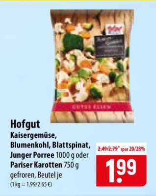 Hofgut Kaisergemüse, Blumenkohl, Blattspinat, Junger Porree oder Pariser Karotten