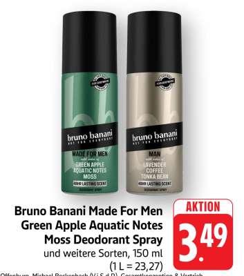 Bruno Banani Made For Men Green Apple Aquatic Notes Moss Deodorant Spray