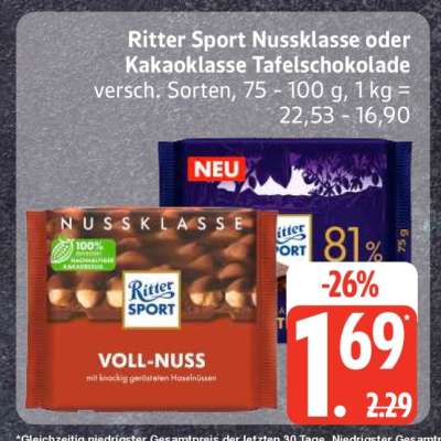 Ritter Sport Nussklasse oder Kakaoklasse Tafelschokolade