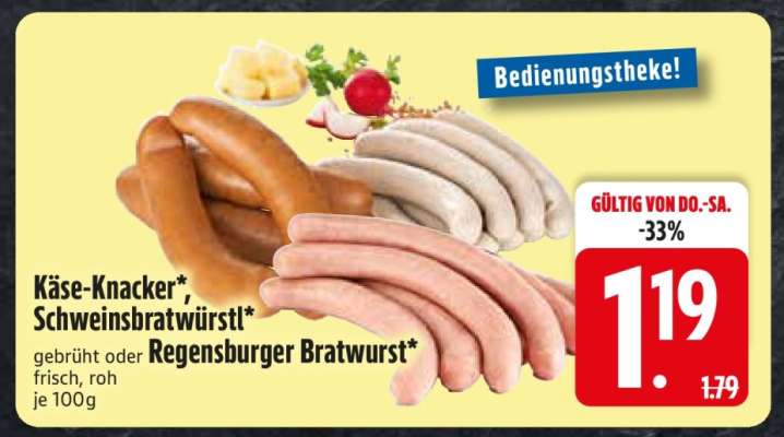 Käse-Knacker, Schweinsbratwürstl, Regensburger Bratwurst