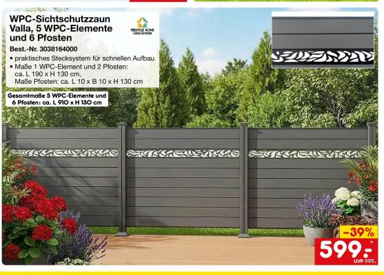 WPC-Sichtschutzzaun Valla, 5 WPC-Elemente und 6 Pfosten