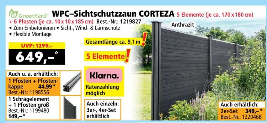 WPC-Sichtschutzzaun CORTEZA 5 Elemente (je ca. 170 x 180 cm) + 6 Pfosten (je ca. 10 x 10 x 185 cm)