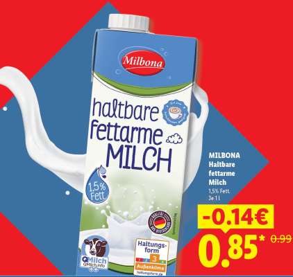 Milbona Haltbare fettarme Milch