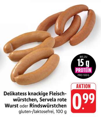 Delikatess knackige Fleischwürstchen, Servela rote Wurst oder Rindswürstchen