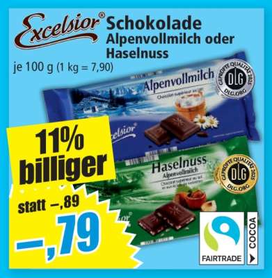 Excelsior Schokolade Alpenvollmilch oder Haselnuss