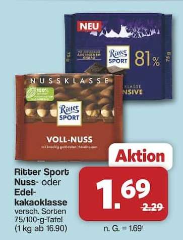 Ritter Sport Nuss- oder Edel-Kakaoklasse