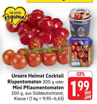 Unsere Heimat Cocktail-Rispentomaten oder Mini Pflaumentomaten