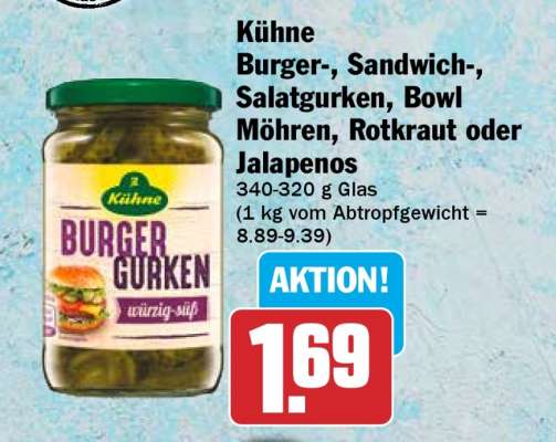 Kühne Burger-, Sandwich-, Salatgurken, Bowl Möhren, Rotkraut oder Jalapenos