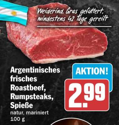 Argentinisches frisches Roastbeef, Rumpsteaks, Spieße