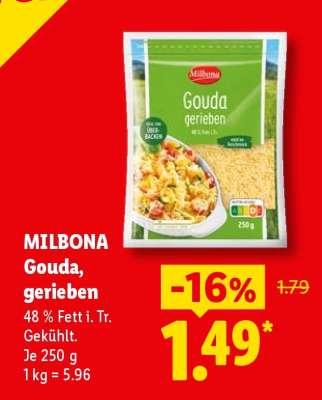 Milbona Gouda, gerieben