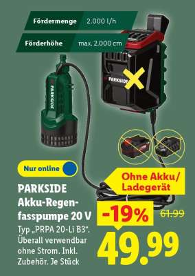 PARKSIDE Akku-Regenfasspumpe, 20 V
