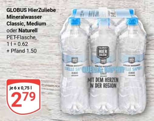 GLOBUS HierZuliebe Mineralwasser Classic, Medium oder Naturell