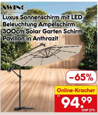 Luxus Sonnenschirm mit LED Beleuchtung Ampelschirm 300cm Solar Garten Schirm Pavillon in Anthrazit