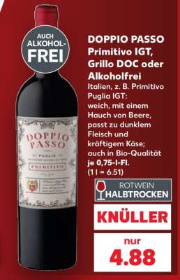 DOPPIO PASSO Primitivo IGT, Grillo DOC oder Alkoholfrei