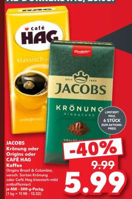 JACOBS Krönung oder Origins oder CAFÉ HAG Kaffee