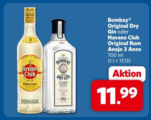 Bombay Original Dry Gin oder Havana Club Original Rum Anejo 3 Anos