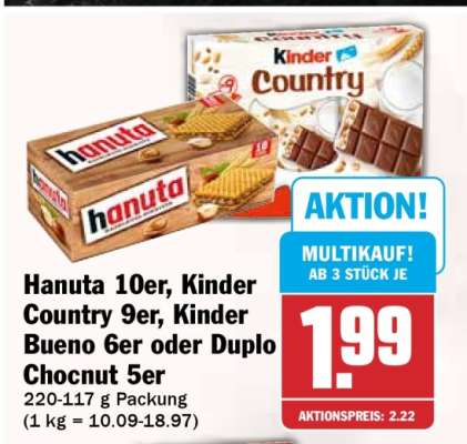 Hanuta 10er, Kinder Country 9er, Kinder Bueno 6er oder Duplo Chocnut 5er
