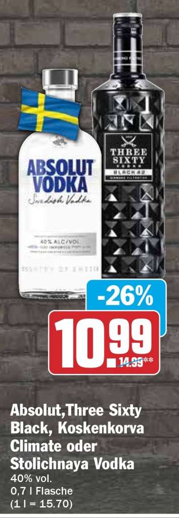 Absolut, Three Sixty Black, Koskenkorva Climate oder Stolichnaya Vodka