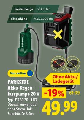 PARKSIDE Akku-Regenfasspumpe, 20 V