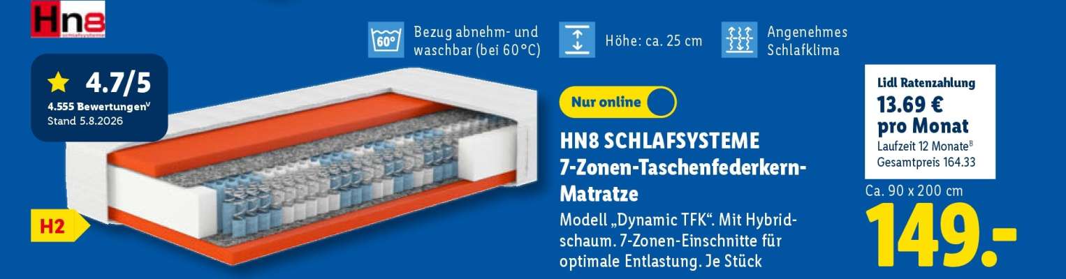 Hn8 Schlafsysteme 7-Zonen Taschenfederkern-Matratze