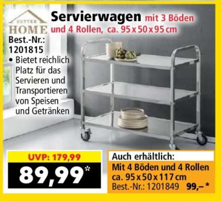 Servierwagen mit 3 Böden und 4 Rollen, ca. 95 x 50 x 95 cm