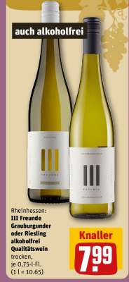 III Freunde Grauburgunder oder Riesling alkoholfrei Qualitätswein trocken