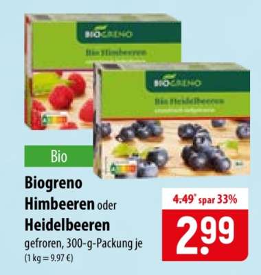 Biogreno Himbeeren oder Heidelbeeren