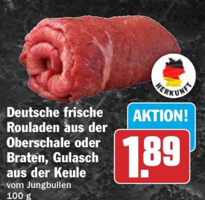 Deutsche frische Rouladen aus der Oberschale oder Braten, Gulasch aus der Keule