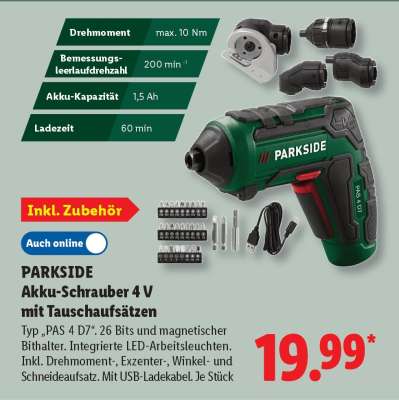 PARKSIDE Akku-Schrauber 4 V mit Tauschaufsätzen