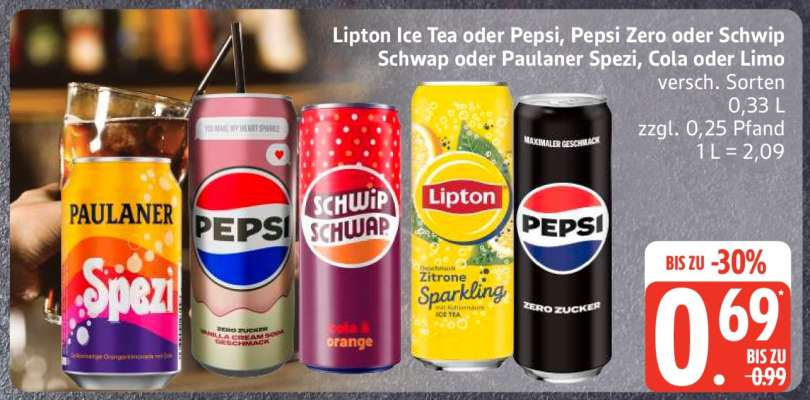 Lipton Ice Tea, Pepsi, Pepsi Zero, Schwip Schwap, Paulaner Spezi