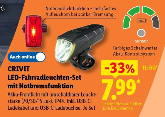 CRIVIT LED-Fahrradleuchten-Set mit Notbremsfunktion