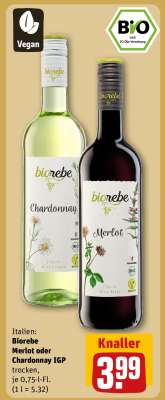 Biorebe Merlot oder Chardonnay IGP