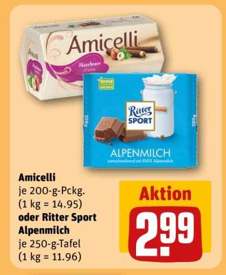 Amicelli je 200-g-Pckg. (1 kg = 14.95) oder Ritter Sport Alpenmilch je 250-g-Tafel (1 kg = 11.96)