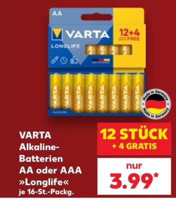 VARTA Alkaline-Batterien AA oder AAA »Longlife« je 16-St.-Packg.