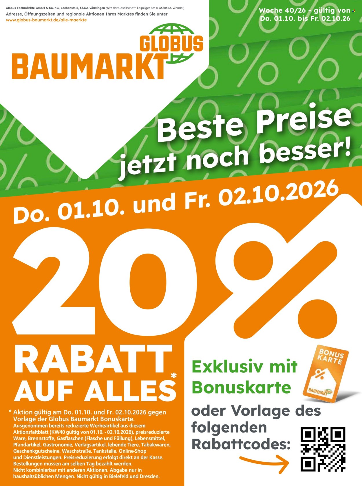 Globus Baumarkt Prospekte  - 1.10.2026 - 2.10.2026. Seite 1
