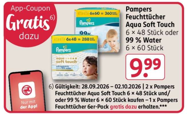 Pampers Feuchttücher Aqua Soft Touch 6 x 48 Stück oder 99 % Water 6 x 60 Stück