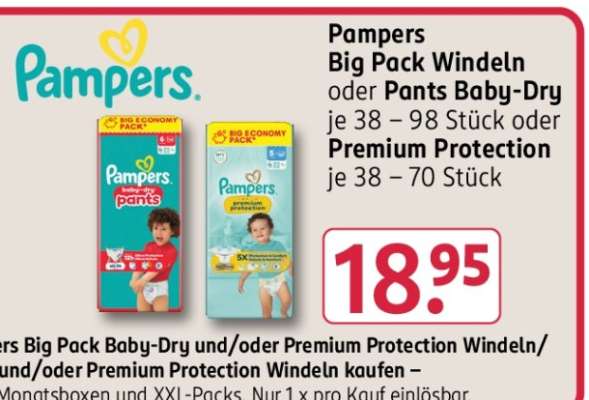 Pampers Big Pack Windeln oder Pants Baby-Dry je 38 – 98 Stück oder Premium Protection je 38 – 70 Stück