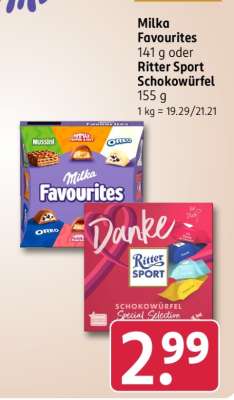 Milka Favourites oder Ritter Sport Schokowürfel