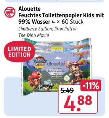 Alouette Feuchtes Toilettenpapier Kids mit 99% Wasser 4 x 60 Stück
