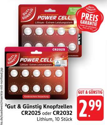 Gut & Günstig Knopfzellen CR2025 oder CR2032