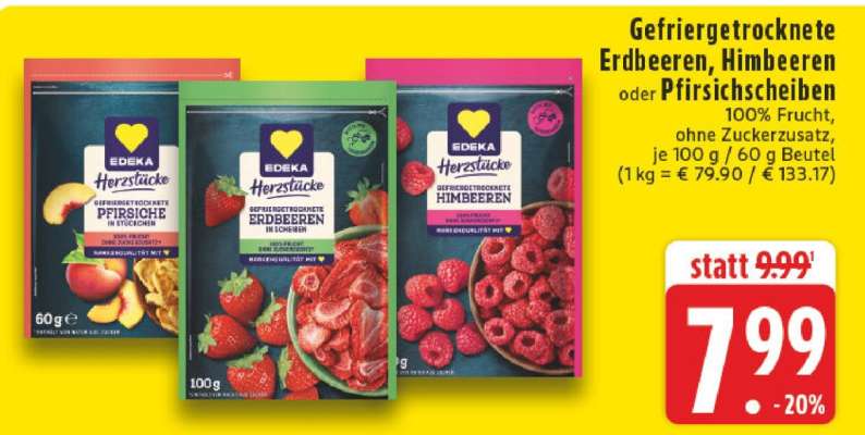Gefriergetrocknete Erdbeeren, Himbeeren oder Pfirsichscheiben