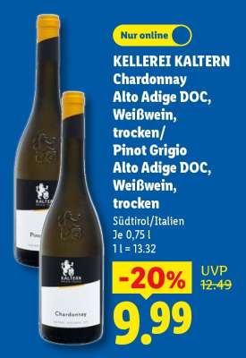 KELLEREI KALTERN Chardonnay Alto Adige DOC, Weißwein, trocken/Pinot Grigio Alto Adige DOC, Weißwein, trocken