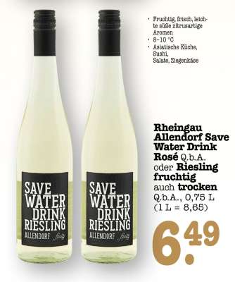 Rheingau Allendorf Save Water Drink Rosé Q.b.A. oder Riesling fruchtig auch trocken